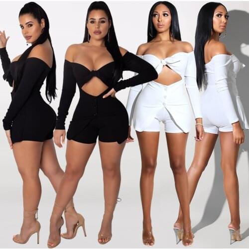 Adogirl slash neck off shoulder long sleeve playsuit solid cut-out bow knot bra jumpsuits sensual hot shorts one piece sets