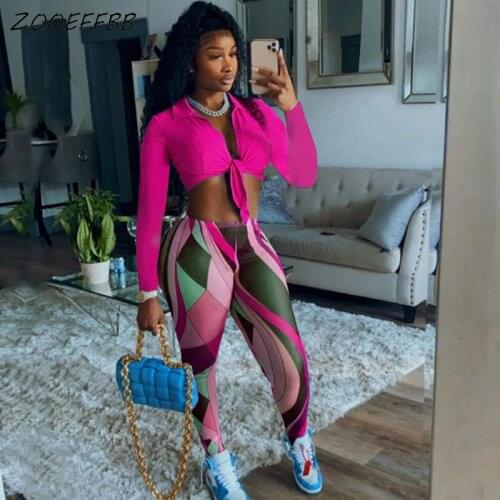 ZOOEFFBB Print 2 Piece Set Long Sleeve Sexy Lace Up Crop Top Sweatpants Streetwear Pants Sets for Women Trendy Fall 2021 Clothes