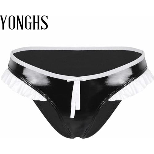 Womens Erotic Lingerie Underwear Panties for Sex Wet Look Faux Leather Ruffled Lace Low Rise Bikini Briefs Sexy Underwear