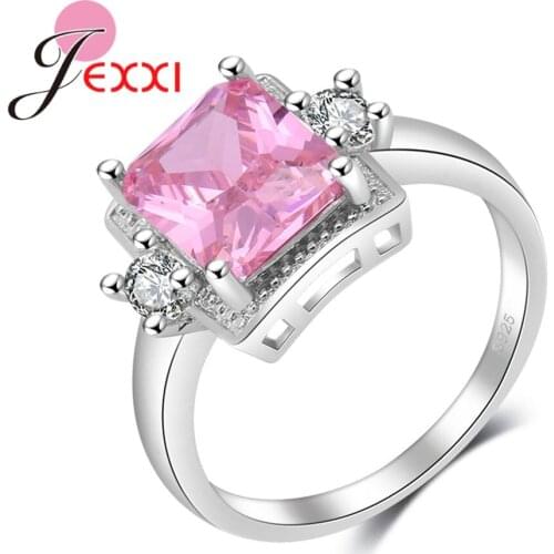 Hot Sale Wedding Bridal Bands CZ Crystal Jewelry 925 Sterling Silver Rings Bijoux Women Accessories Pink Color