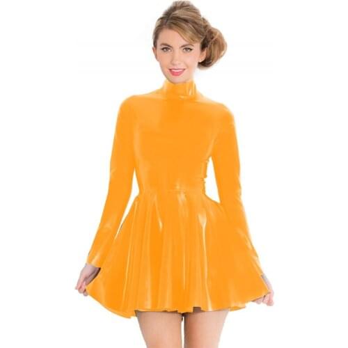 Women 2021 Long Sleeve Turtleneck Mini Dress Fashion Sexy Party Bodycon Short Dress Wet Look PVC PU Leather Party Dress Clubwear