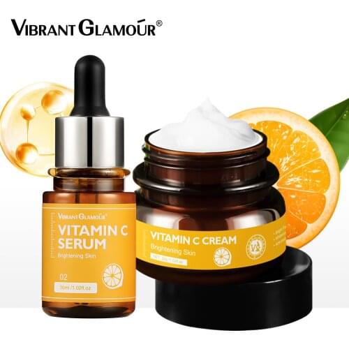 VIBRANT GLAMOUR Vitamin C Whitening Face Serum Moisturizing Cream Brighten Anti Aging Repair Fade Freckles Facial Care 2 Pieces