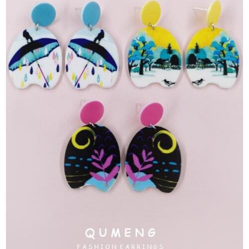 2021 Original Design Colorful Funny Oil Painting Printed Acrylic Geometric Earrings Artistic Statement Fashion Party Jewelry