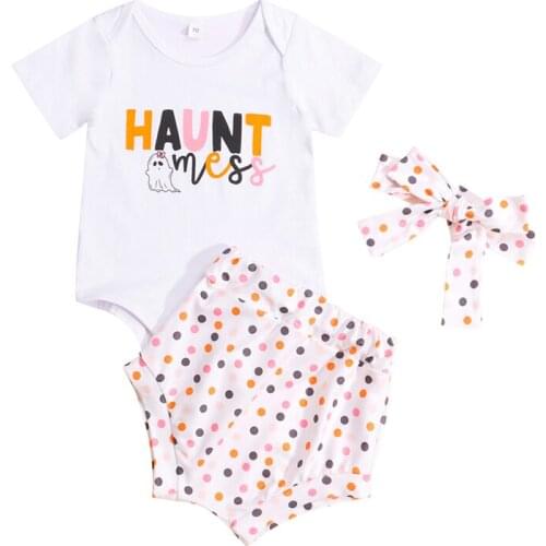 Pudcoco 0-24M 3Pcs Baby Girls Summer Letter Ghost Print Bodysuit Tops+Polka Dot Shorts Pants+Headwear Halloween Costumes Sets