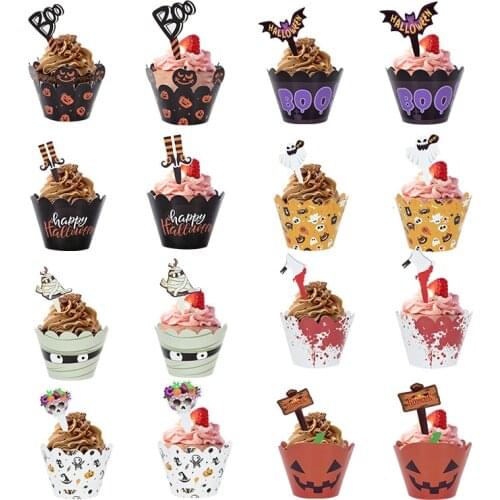 36pcs/set Halloween Decoration Cupcake Wrapper Scary Ghost Bat Mummy Cake Toppers For Halloween Festival Party Cake Decor Tool