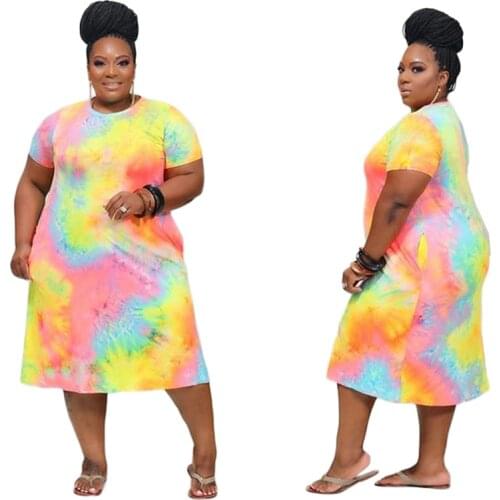 Loose Africa Clothing Fashion Ladies Short Sleeve Tie-dye Plus Size Midi Dress African Dresses for Women