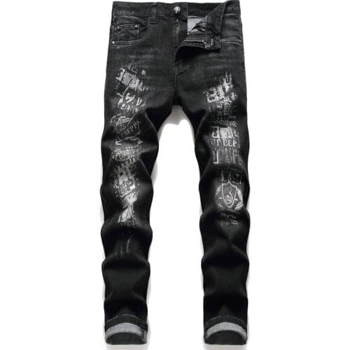 Autumn New European American Small Straight Leg Stretch Jeans Monogrammed Black Slim Mens Hipster Pants 2021