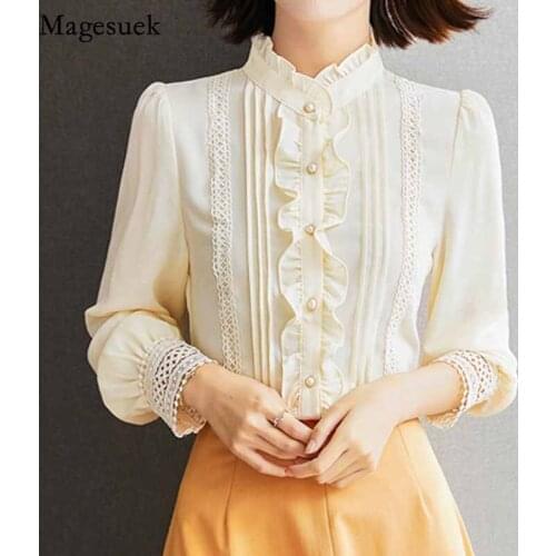 Elegant Stand Collar Ruffles Blouse with Lace Autumn Hollow Out Long Sleeve Loose Chiffon Shirt Apricot Women Tops Blusas 16202