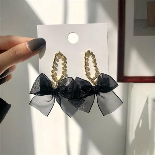LOVOACC Elegant Black Yarn Bowknot Hanging Earrings for Women Girl Bling Bling Rhinestone Tie Bow Drop Dangle Earrings Oorbellen