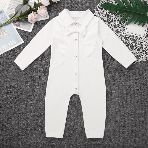 Oyolan Newborn Romper Jumpsuit Lapel Collar Bowtie Long Sleeve Spring Autumn Baby Boy Girl Clothes Pajamas Cotton Baptism 0-12 M