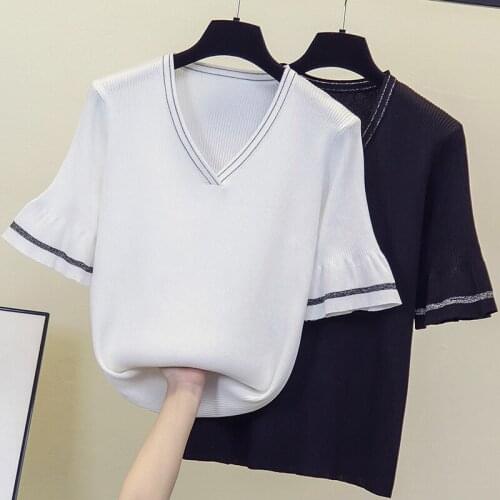 L-4XL plus size women Summer Oversized kint sweater pullover loose casual short sleeve v neck chic basic sweaters jumper mujer