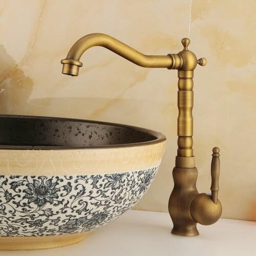 Retro Brass Bathroom Kitchen Faucets Single Holder Single Hole Rotatable Faucet Hot&Cold Water Mixer Tap With Faucet Aerator