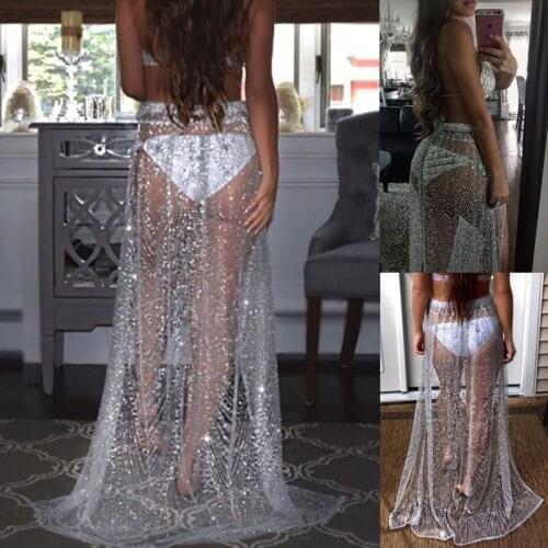 Summer Sexy Beachwear Rhinestone Long Sequin Skirt Loose Side Split Mesh See Through Gold Maxi Glitter Skirt Sparkle Female