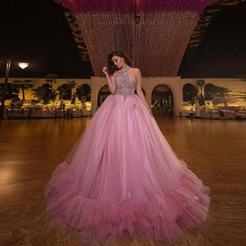 Pink Elegant Exquisite Evening Dress Halter Applique Beadings A-Line Ball Gown Tulle Ruffle Lace Formal Prom Dress Custom Made