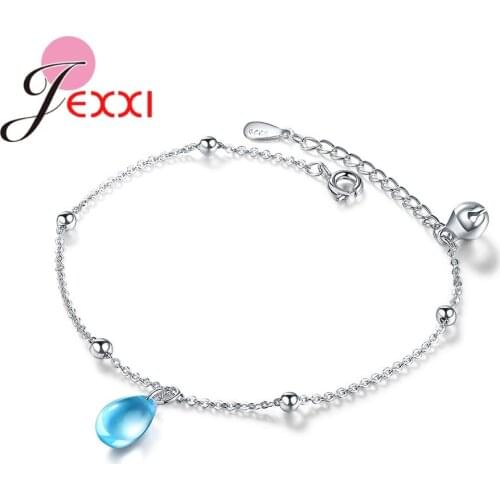 Minimalist High Quality Blue Water Drop Design CZ Stone 925 Sterling Silver Resizable Bracelet Sweet Girls Birthday Gift