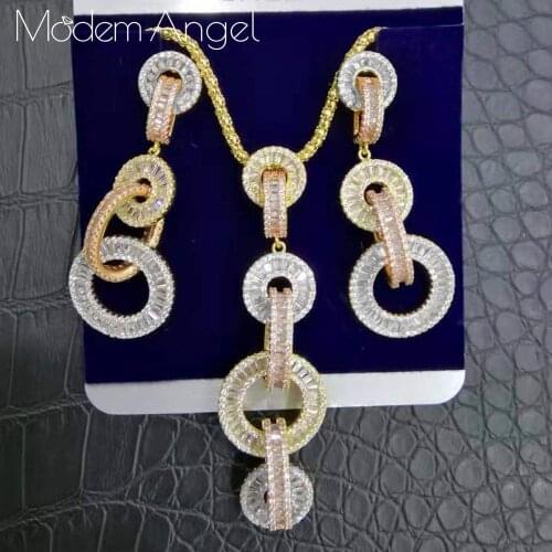 ModemAngel Luxury Round Shape Dangle Earrings Full Micro Cubic Zirconia Engagement Party Dress Earring Necklace Jewelry Set