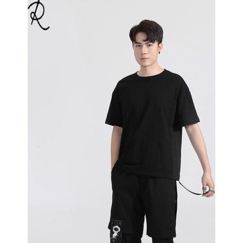 Mens fashion personality ribbon stitching pure color matching t-shirt mens t-shirt t-shirt