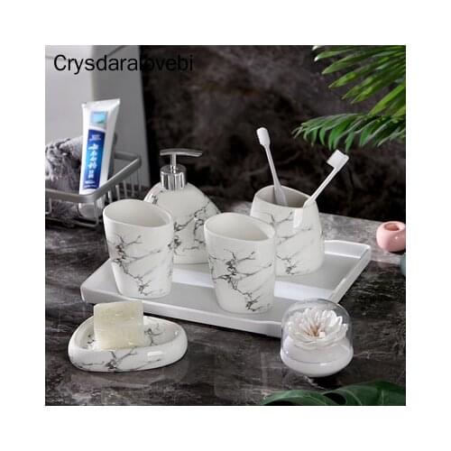 Bathroom Accessories Set Lmitation Marble Pattern Bathroom Kit Dental Cylinder Wash Kit Melamine tray Cotton Swab Box