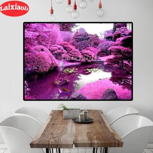 DIY round square diamond embroidery Romantic scenery pattern cross stitch kits 5d diamond painting rhinestone pink tree pond art