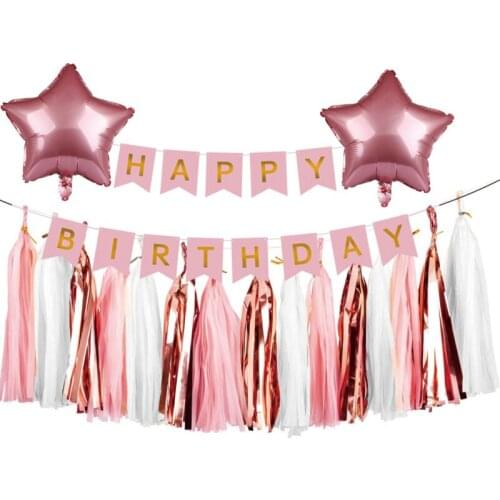 ZLJQ Birthday Banner Paper Tape Happy Birthday Letter Pull Flag Decoration Birthday Tassel Aluminum Foil Star Balloon Set