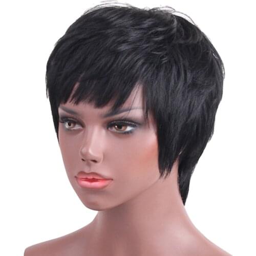 Pixie Style Human Hair Natural Black Texture Wig Real Human Hair Wigs+Comb