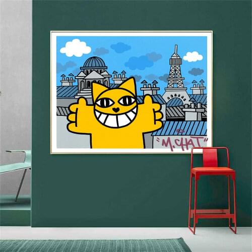 Cute Yellow Cat Paris Cityscape Posters and Prints Canvas Painting On the Wall Art Pictures for Room Wall Home Decor Frameless