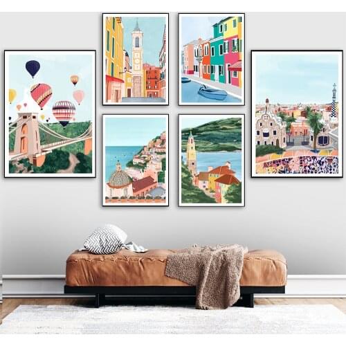 Nordic Travel Posters Barcelona Venice Abstract Landscape Canvas Painting Wall Art Italy France Print Pictures Livingroom Decor
