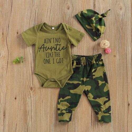 Pudcoco Newborn Baby Boy Clothes Summer Letter Print Short Sleeve Round Neck Romper Camouflage Long Pants Hat Summer Clothes