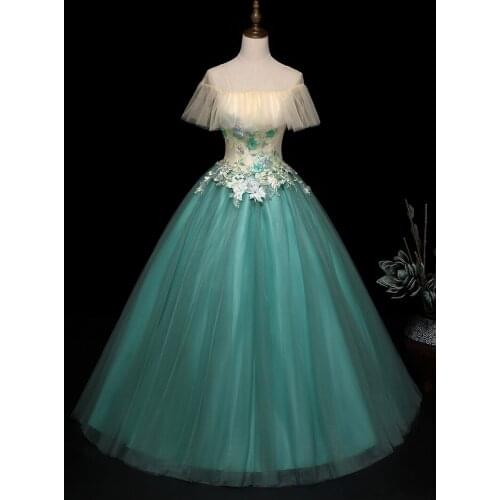 Luxury green ruffled embroidery veil long dress cloak sleeve medieval Renaissance Victoria dress ball gown
