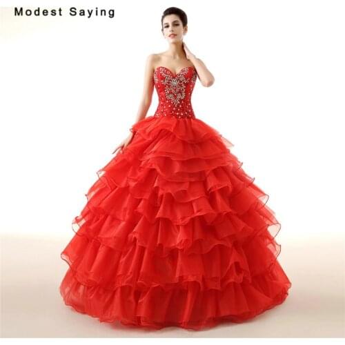 Luxury Red Ball Gown Beaded Quinceanera Dresses 2017 with Crystal and Ruffled Skirt Girl Christmas Prom Gowns vestido debutante