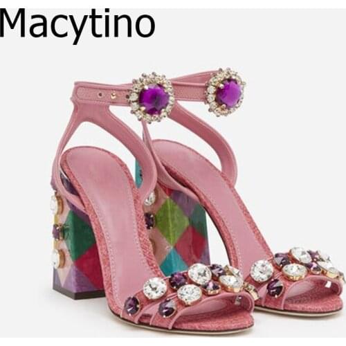 Luxury Hand Made Women Sandal 10cm High Heel Sandals Pearl Dec Buckle Square High Heel Summer Shoes Wedding Ladies Shoes Woman