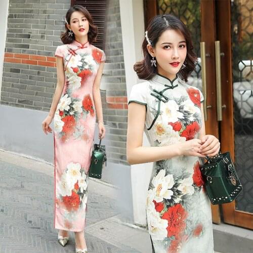 2020 New Silk Long Cheongsam Stand Collar Retro Style Daily Improvement Cheongsam Dress Classic Modern Qipao Chinese Dress Qipao