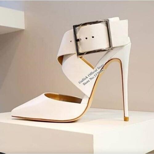 Sexy Matte Leather Metal Buckle Strap High Heel Shoes Black And White Pointy Toe Cut-out Stiletto Heels Pump Big Size Party Shoe