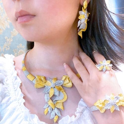 KellyBola High Quality Gorgeous Flower Necklace Bracelet Earring Ring 4 PCS Ladies Wedding Banquet Zircon Dubai Bridal Jewelry