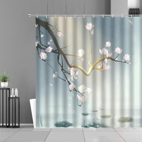 Chinese Style Flowers Tree Plants Scenery Shower Curtain White Floral Design Home Bathroom Decor Curtains Waterproof Bath Screen
