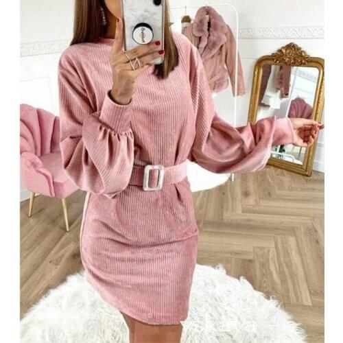 Women Vintage Sashes Corduroy Sheath Party Dress Lantern Sleeve O neck Solid Elegant Casual Mini Dress 2020 Autumn Fashion Dress