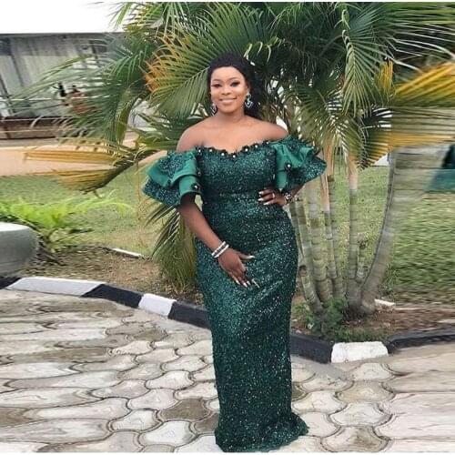 Sequined Mermaid Prom Dresses African Women Off The Shoulder Short Sleeves Plus Size Evening Dress robes de cocktail