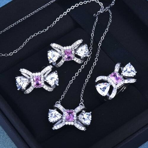 QTT Cute Pink Set Bowknot Silver Necklace Ring Earrings Jewelry Sets For Women Fashion Accessories Zircon Charm Ring Set