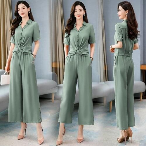 2021 Summer Women Two Pieces Sets Lady Short Sleeve Shirt Tops+Wide Leg Pants Trousers Suits