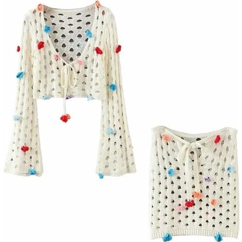 2021 Summer Knitting Women Sets Hollow Out V-neck Top and Skirts