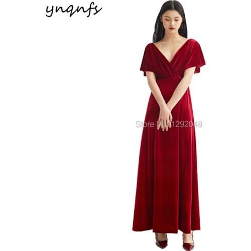 YNQNFS M135 French Style V Neck Cap Sleeves Ankle Length Mother of the Bride Dresses 2019 Burgundy Velvet Party Gown Guest Dress