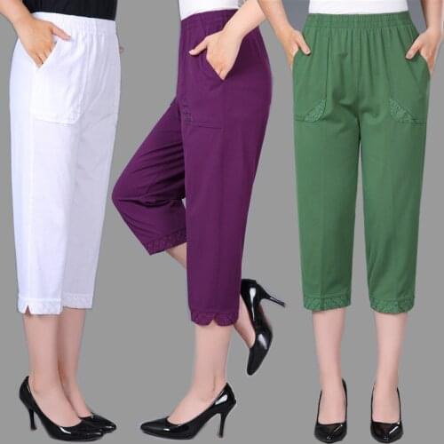 2021 Summer Women Cropped Pants Lady Elastic Waist Loose Casual Pants Cotton Thin Female Sweatpants