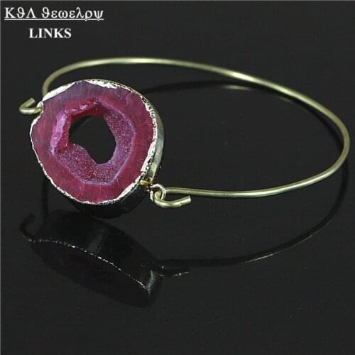 Natural Red Druzy Quartz Stone Bangle Crystal Geode Semi-precious Stone Wire Wrapped Bangles For Women Statement Jewelry