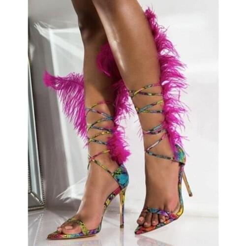 Designer Heel Summer Feather Sandals Women Ostrich Hair Decor High Heel Sandalia Feminina Gladiators Sandals Fur Party Shoes