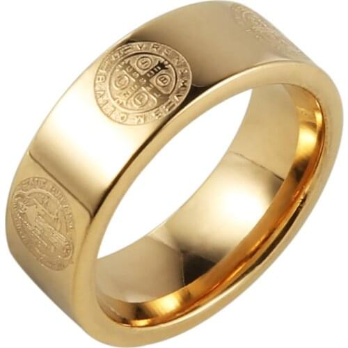 HZMAN Mens 8mm St Benedict Exorcism Ring Stainless Steel Catholic Roman Cross Demon Protection Ghost Hunter Gold Silver