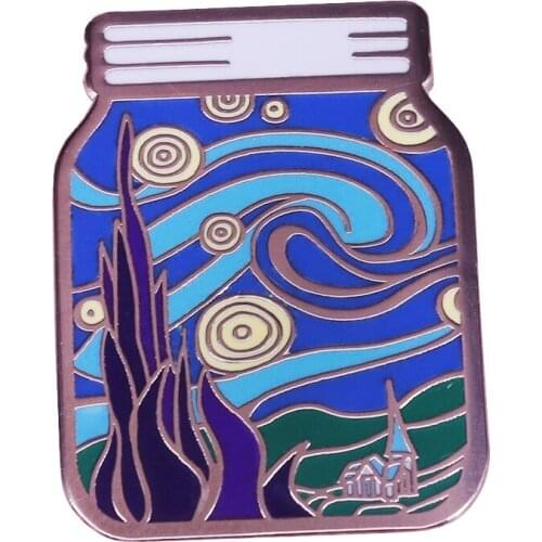 Pretty landscape bottle enamel pin Inspired by The Starry Night by Vincent van Gogh