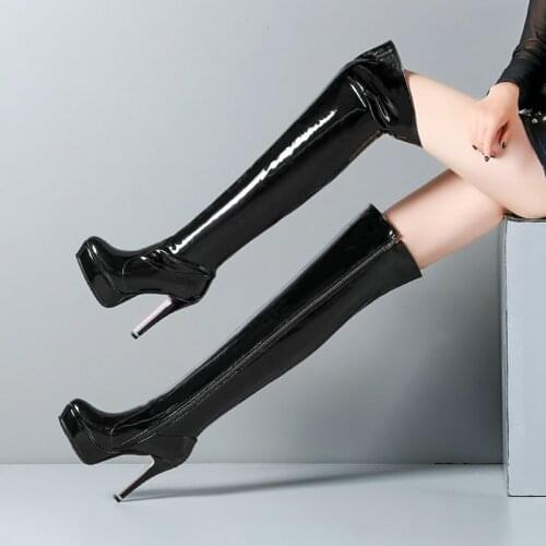 Fashion Knee High Boots Winter Women Boots Soft Patent Leather High Heels Long Boots Platform Pole Dance Ladies Shoes Black Red