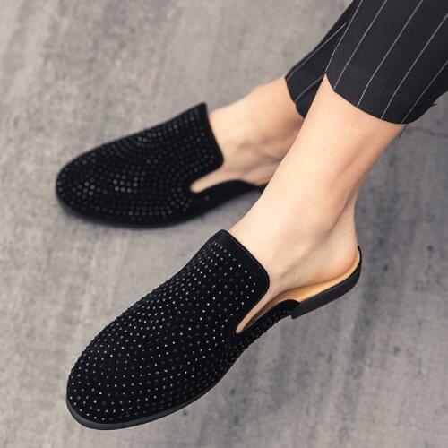 Brand Noble Black Rhinestone Men Dress Shoes Velvet Crystal Slippers Luxury Moccasins Mens Loafers Office Business Man Footwear