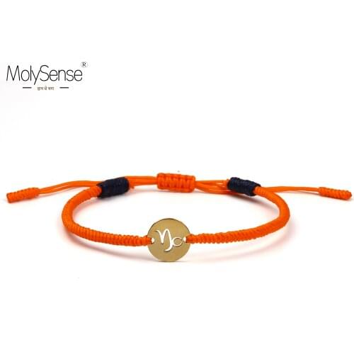 MolySense Handmade Golden Color 12 Constellation Zodiac Capricorn Stainless Steel Charm Bracelets Wax Macrame Bracelets