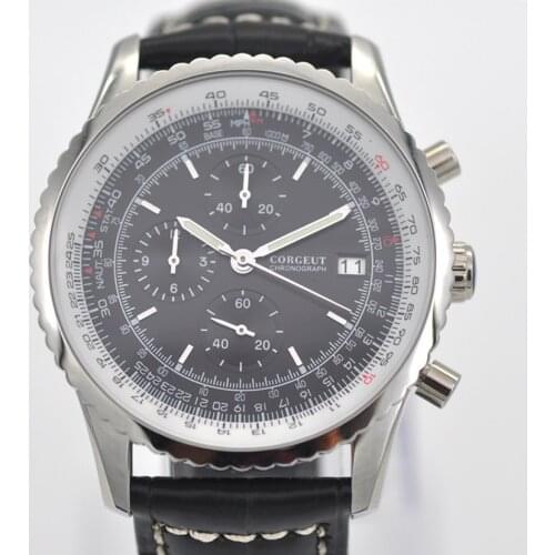 46MM Corgeut Mens Watches Top Brand Luxury Luminous black Watch Men Leather Chronograph Quartz Watch For Male clock Auto Date